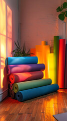 Vibrant and Colorful Rolled Yoga Mats Stacked Against a Sunlit Wall in Modern Yoga Studio. Concept of Fitness, Wellness, Exercise, and Modern Interior Design. Vertical