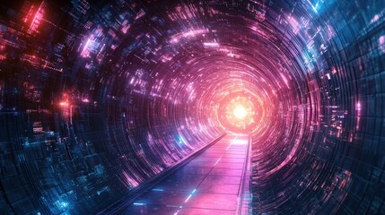 Obraz premium A futuristic tunnel illuminated by vibrant pink and blue lights, creating a mesmerizing and otherworldly atmosphere.