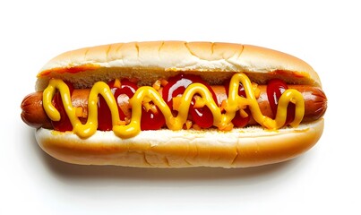 Delicious hot dog with ketchup and mustard, isolated on white background. 