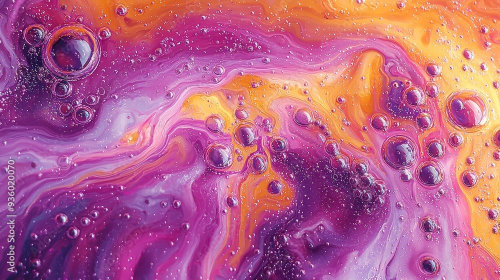 Fototapete Using purple and yellow soap bubbles dispersed in paint to create an abstract background that adds depth and dimension to any design project