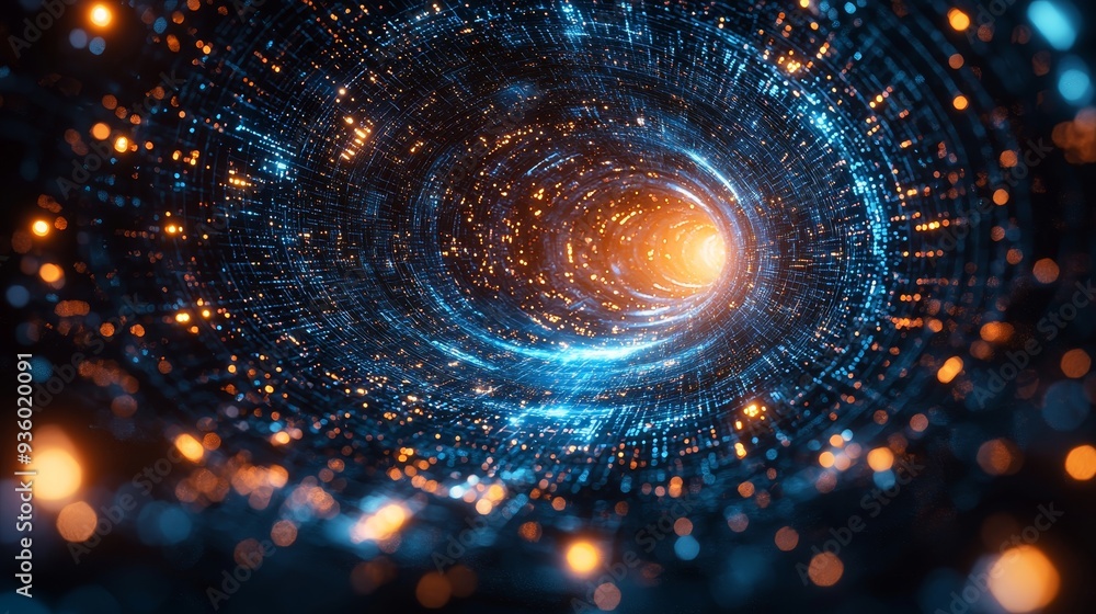 Poster Flow of neon-encoded equations bringing data from distant dimensions around a black hole with bokeh light