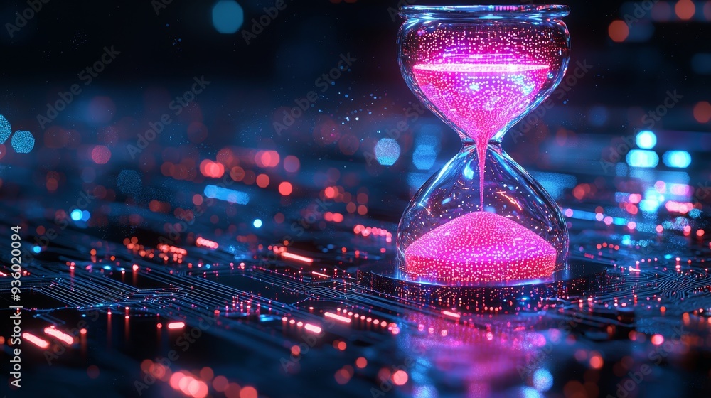 Leinwandbilder Thousands of grains of data flow endlessly between dimensions in a neon hourglass suspended in cyberspace