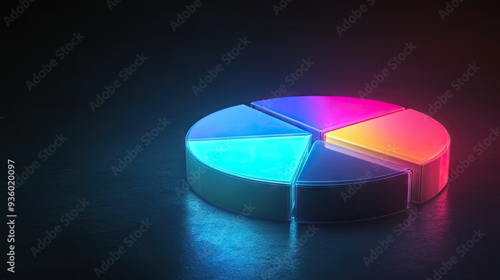 Poster glowing 3d financial pie chart with brightly illuminated segments against a dark background.