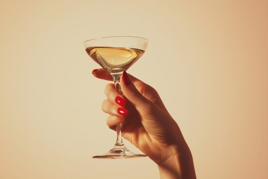 This vintage retro female hand holding a cocktail is isolated on a plain background, typical of the 1960s and 70s