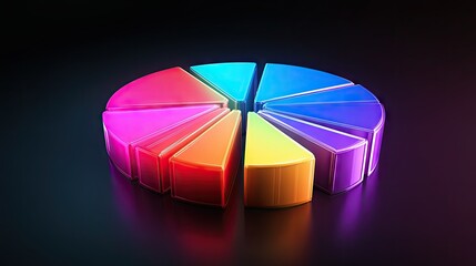 Obraz premium Glowing 3D financial pie chart with radiant segments in various vibrant colors.