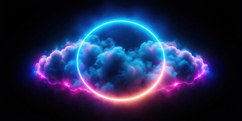 Obraz premium Neon cloud with glowing ring on black background, rendering , neon, cloud, glowing, ring, black background