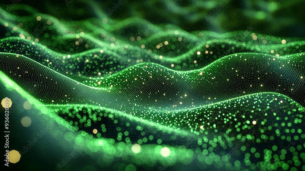 Poster Green particles move in a wave-like pattern to create a dynamic and abstract background.