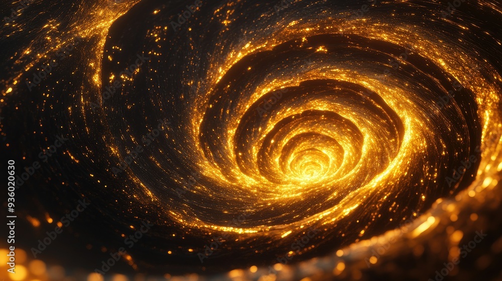 Poster glowing 3d golden vortex with intricate spirals, creating a sense of movement and richness.