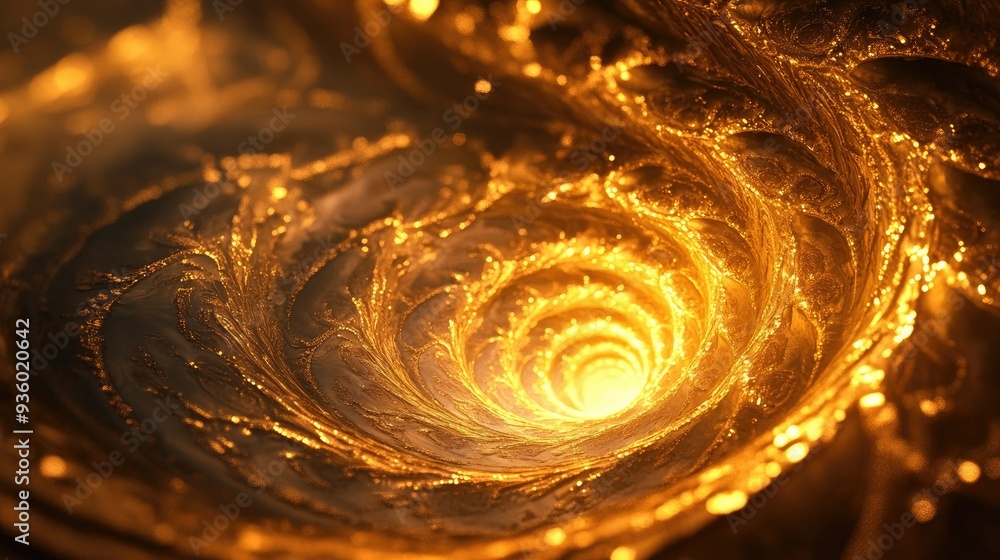 Poster glowing 3d golden vortex with intricate spirals, creating a sense of movement and richness.