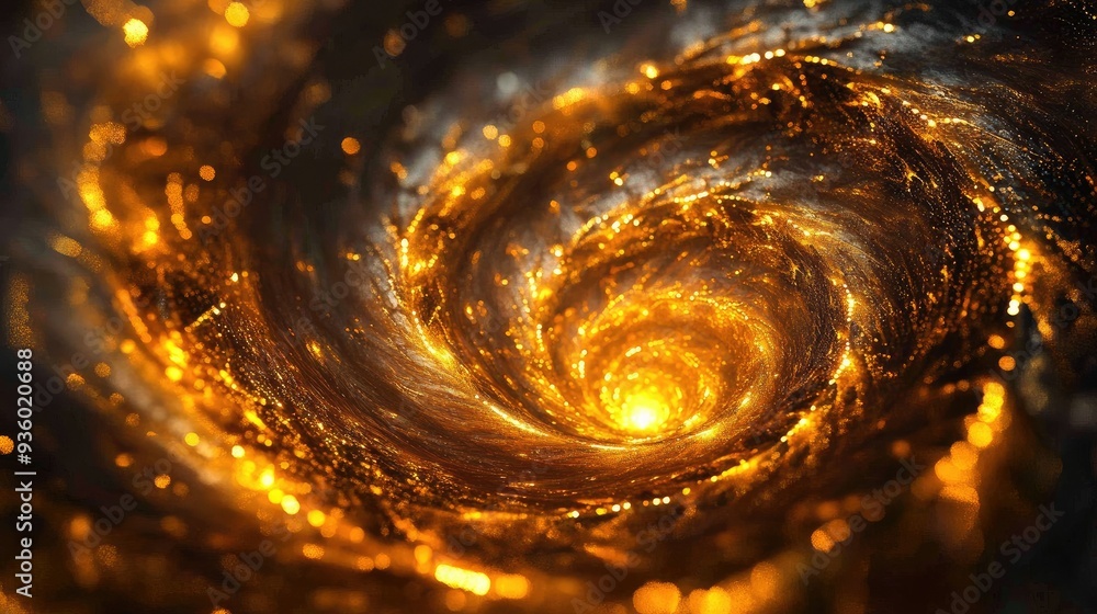 Poster glowing 3d golden vortex with intricate spirals, creating a sense of movement and richness.