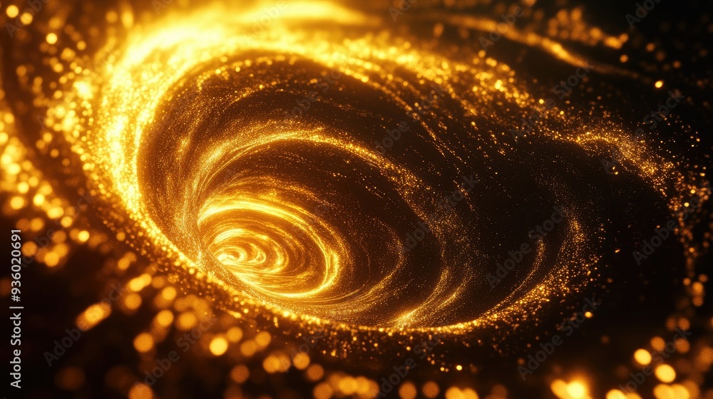 Poster glowing 3d golden vortex with intricate spirals, creating a sense of movement and richness.