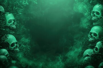 Fototapeta premium Halloween wallpaper with black background neon green fog skulls and eerie atmosphere surrounding copy space.