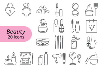 A set of linear icons. A set of design elements for cosmetics, skin, hair and face care products, and accessories. Vector.