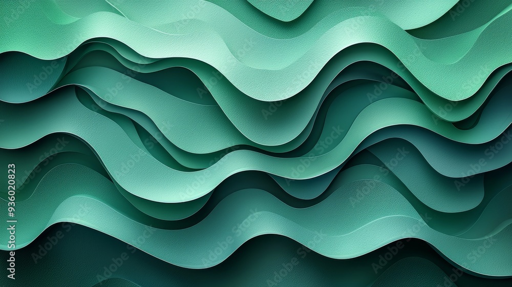 Poster with smooth, layered textures, abstract green waves create a fluid, dynamic design