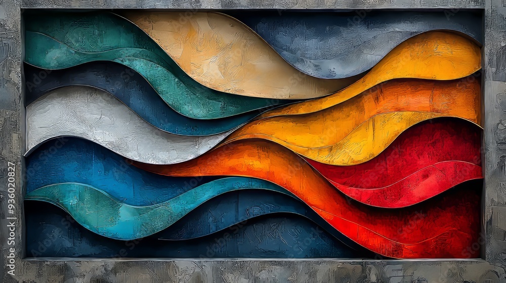 Poster with vivid orange, teal, and gray hues, this abstract wave pattern is dynamic and visually engaging.
