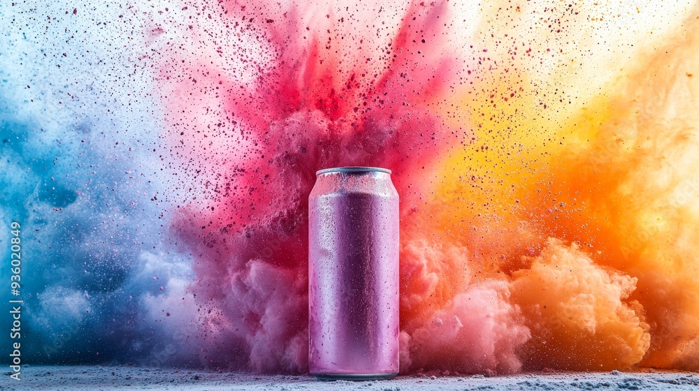 Fototapete explosion of multicolored paint splatter surrounding a metallic cylinder, displaying a dynamic abstr