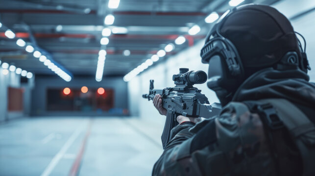 Man in Protective Gear Aiming a Rifle at an Indoor Shooting Range. Concept of firearm training, safety equipment, tactical practice, precision shooting