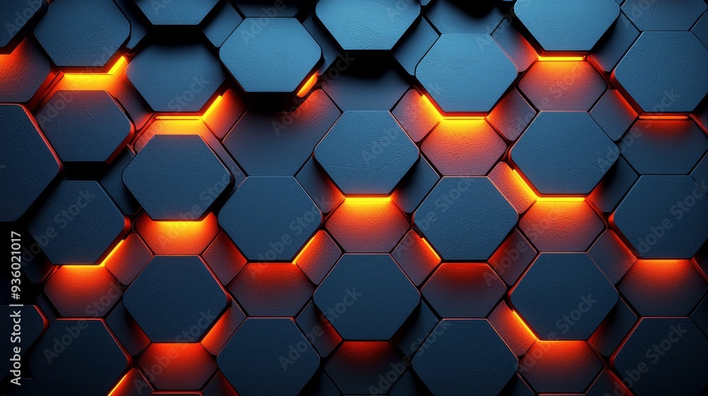 Leinwandbilder a futuristic and dynamic hexagonal pattern with glowing orange and blue highlights.