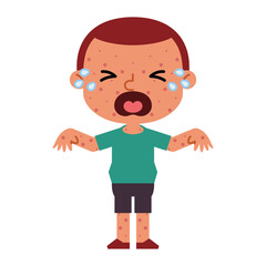 Sad kid boy having chicken pox. red spots appearing on the skin. Viral infections and skin diseases. health problems. Health care cartoon character vector illustration.