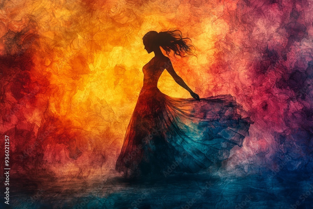 Leinwandbilder intense abstract watercolor patterns in soft pastels in a double exposure silhouette of a dancer in 