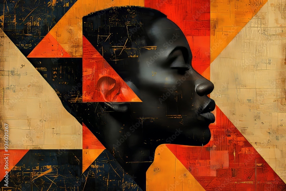 Poster profile silhouette of a man whose figure is filled with dynamic geometric patterns and vibrant hues