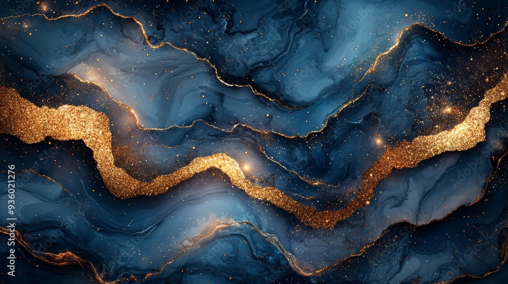 Aufkleber a dynamic blue and gold abstract painting that showcases a blend of fluid patterns and rich colors f