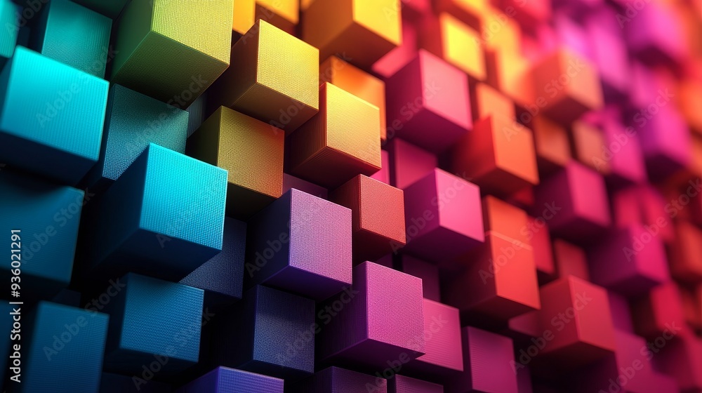 Poster A 3D colorful cube arrangement with a dynamic pattern. Conceptual design for an abstract piece.
