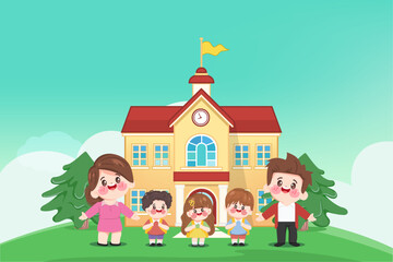 Cute cartoon kid student and teacher standing at the school. back to school poster background. illustration vector premium.
