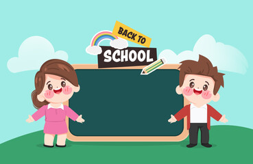 Cute cartoon teacher standing at the blank chalkboard. back to school poster background. illustration vector premium.