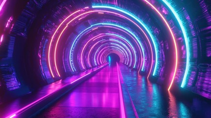 A vibrant, futuristic tunnel illuminated by neon lights in pink and blue hues, creating a captivating visual experience.