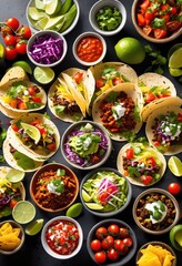 colorful taco display featuring variety bold fresh ingredients delightful culinary experience, vibrant, colors, flavors, textures, spicy, toppings, herbs
