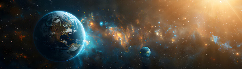 Naklejka premium Earth Noon and Space Midnight Photo Realistic Concept: A view of Earth at noon and space at midnight against a whimsical background, symbolizing the cycle of time and the interplay