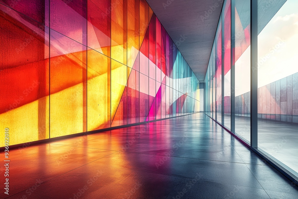 Aufkleber The background is composed of vibrant abstract geometric shapes accompanied by colorful angular reflections, giving the impression of being futuristic and dynamic.