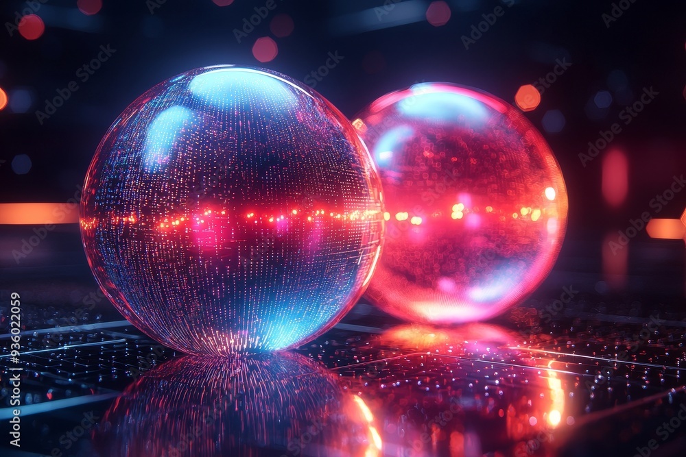 Poster glowing spheres and lines in a dark space create a futuristic and dynamic composition.