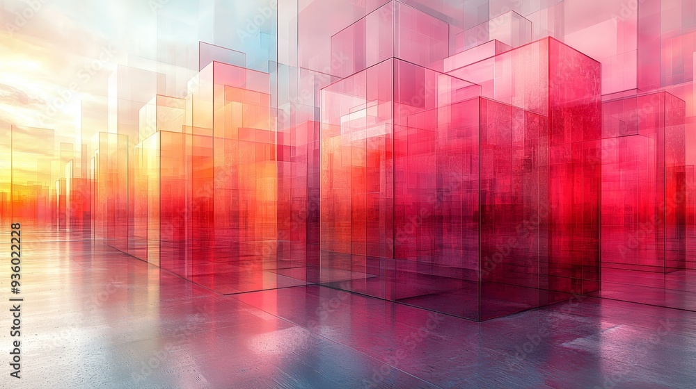 Poster a modern abstract design made up of overlapping glass rectangles in gray and orange shades of color 