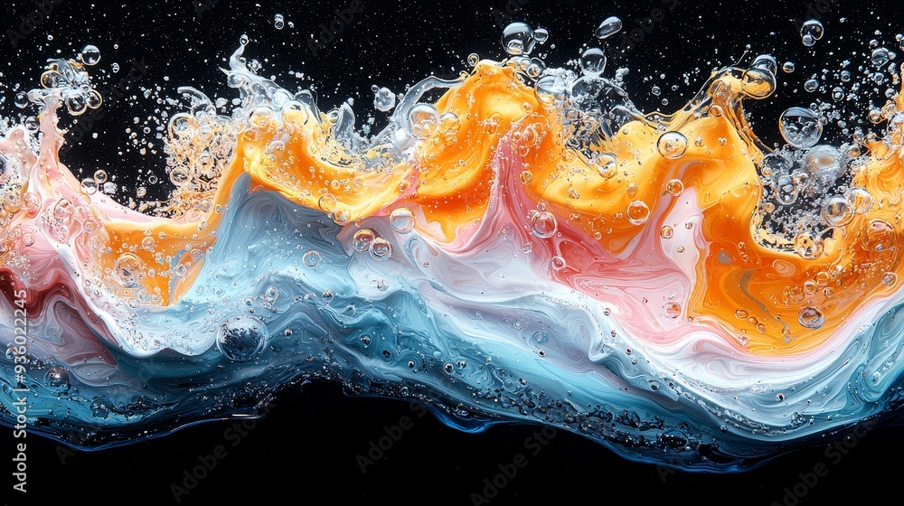 Poster an abstract visual effect of vibrant waves with floating bubbles on a dark background.