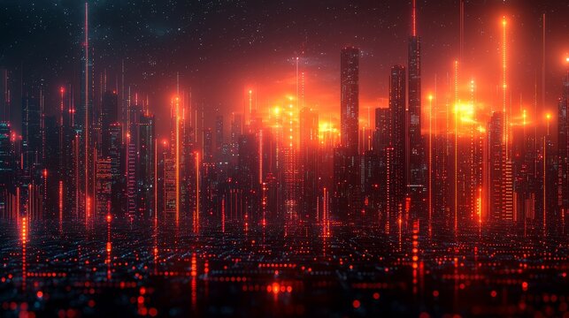 This dynamic visual depicts financial data analysis with glowing graphs and vibrant nodes.