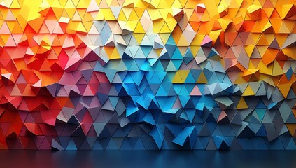 Close-up images of vibrant geometric shapes, with triangles and other forms layered on top of each other to create a dynamic pattern.