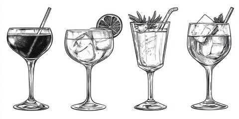 Black and white Vintage engraved art of set of cocktail drinks glasses, isolated on white background, ink sketch illustration, simple vector art design, highly detailed line art, high contrasty 