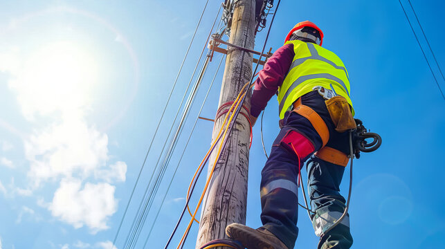 Worker in protective gear climbing up an electric pole with a clear blue sky in the background. The concept of electrical maintenance, safety, and utility services