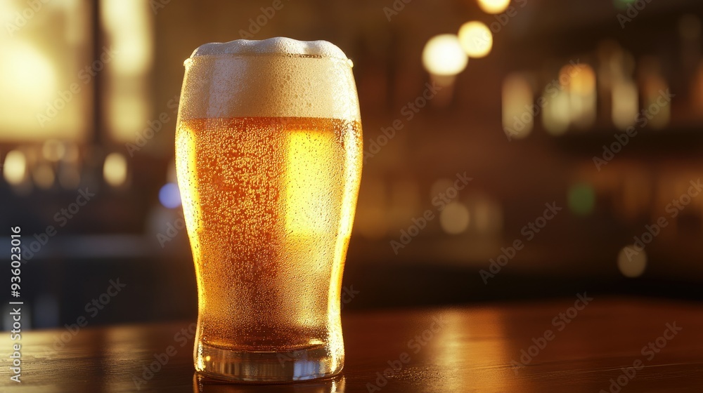 Aufkleber golden beer with a frothy head, warmly lit by soft light, making it look incredibly inviting and com
