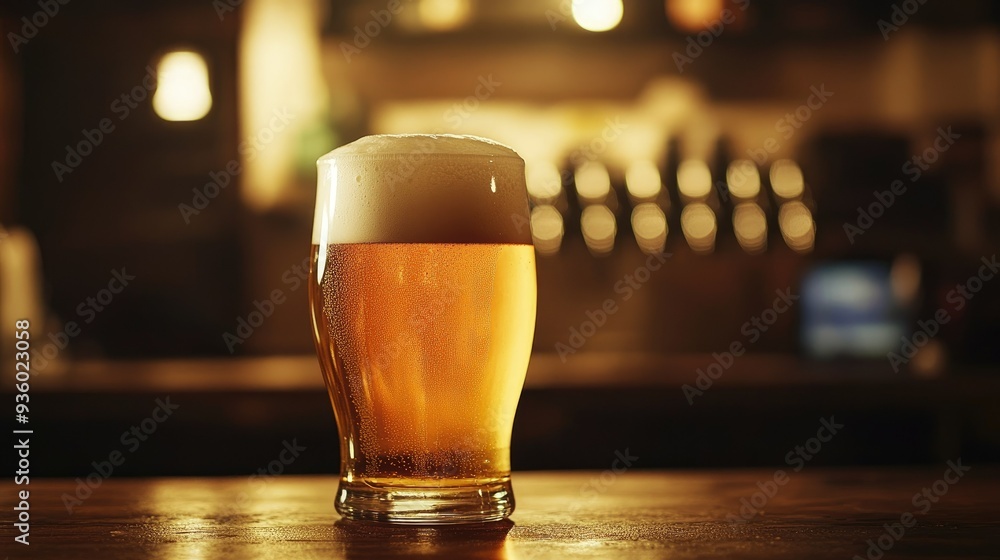 Poster golden beer with a frothy head, warmly lit by soft light, making it look incredibly inviting and com