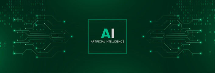 Tech banner with a green background emphasizing artificial intelligence. The circuit data flow and advanced technology concepts. The word 