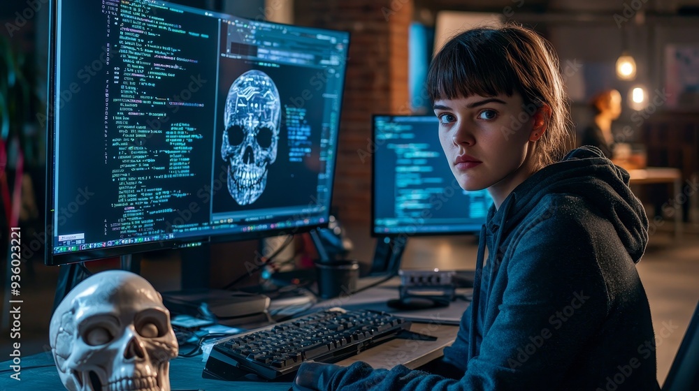 Fototapete Hacker uses stock neural networks to build scripts tricking firewall, camera B using AI machine learning.
