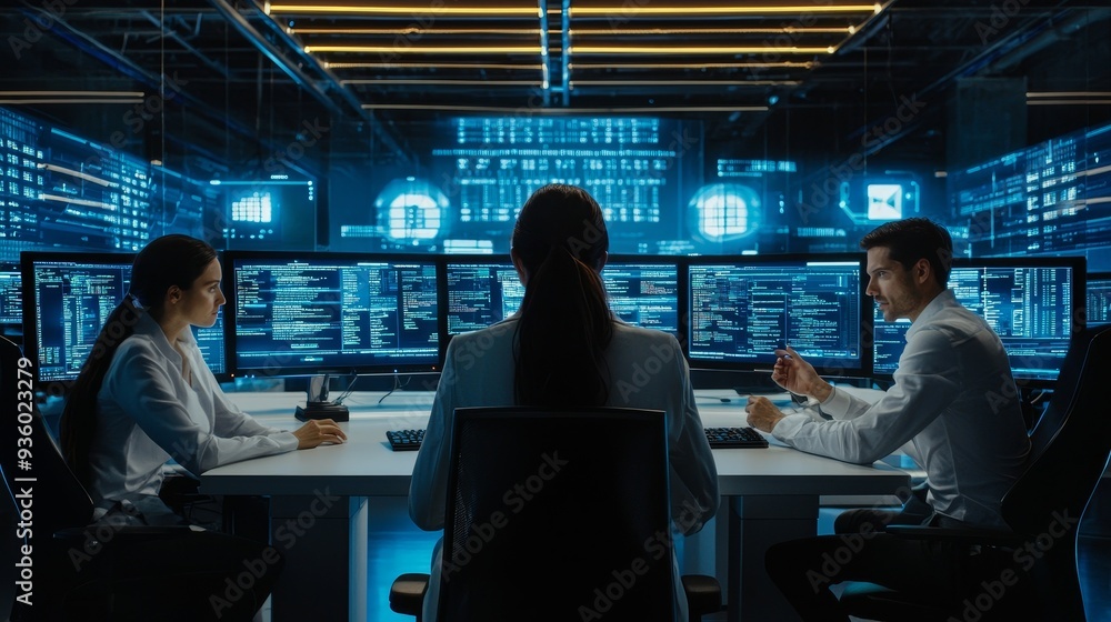 Aufkleber Overseeing server room, walking around with checklist on laptop, troubleshooting hardware and discussing with employees. Supervisor checking server hub, taking feedback from employees.