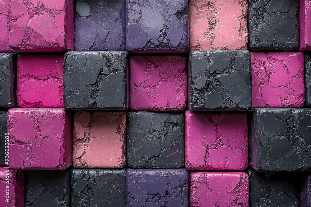 Poster An abstract background with pink and dark gray 3D cubes in a geometric pattern creates a visually appealing and dynamic look.
