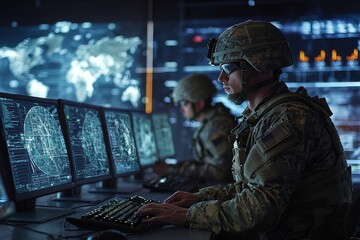 In the control center, army personnel are operating CCTV radars for reconnaissance missions, national safety protocols are being followed. A satellite image is being verified by an IT engineer as