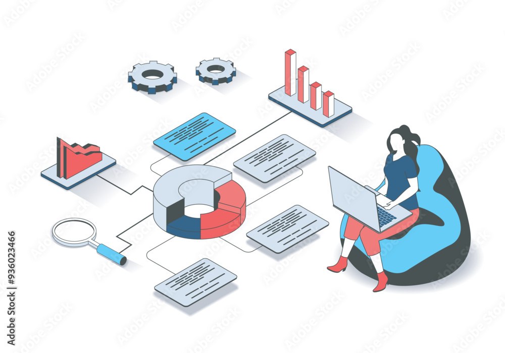 Poster Data analysis 3d isometric concept with isometry people design for web. Woman working at laptop, making finance research and report, analyzing big datum at diagrams and graphs. Vector illustration.