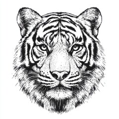Fototapeta premium Black and white Vintage engraved art of tiger face, isolated on white background, ink sketch illustration, simple vector art design, highly detailed line art, high contrasty 