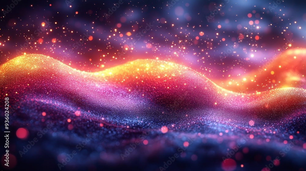 Poster an abstract wave background with sparkling particles is vibrant and dynamic, ideal for digital backg